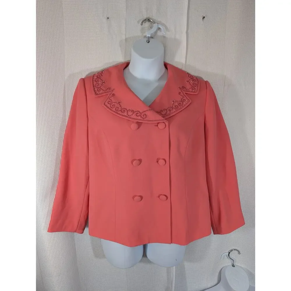 LESLIE FAY! STUNNING RIPE PEACH DOUBLE BREASTED, BEAD/EMBROIDERY JACKET! 18WP - Picture 2 of 12